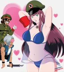 1girls 2022 2boys abigail_(metal_slug) age_difference aqua_eyes areolae being_watched beret big_breasts blue_bra blue_lingerie blue_panties brown_hair clenched_teeth closed_eyes couple eye_patch forest_druip general_morden hands_behind_head heart heart-shaped_pupils heart_background hi_res knife lingerie lipstick long_hair looking_at_viewer medium_hair metal_slug metal_slug_attack military military_hat military_uniform pink_hair pussy_visible_through_clothes seductive silver_hair snk thick_thighs trevor_spacey white_background white_gloves