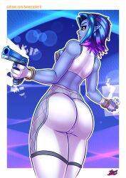 1girls 2d accessory alcohol alternate_version_available ass back_view backboob big_ass black_sclera blue-skinned_female blue_body blue_skin bonecrusherii bracelet breasts bubble_butt cameltoe female female_only glass gun hi-rez_studios holding_weapon iced_out_saati large_ass multicolored_hair paladins pants pistol saati_(paladins) short_hair solo solo_female tagme thighs two_tone_hair voluptuous weapon yellow_eyes