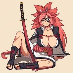 1girls 2022 akairiot baiken big_breasts breasts cleavage eye_patch eyewear facial_scar female female_only fully_clothed guilty_gear hair_tie katana kimono large_breasts legs long_hair monogoggle one_eye_closed orange_eyes pink_hair pose posing red_eyes sandals scar simple_background sitting solo sword tagme thick_thighs thighs underwear voluptuous