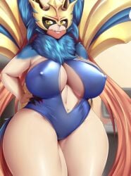 armor big_breasts boob_window hand_on_hip headgear headwear looking_at_viewer mleonheart one-piece_swimsuit pokemon thick_thighs wide_hips zacian