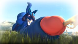 anthro balls big_ass big_balls big_butt big_penis butt butt_up cum excessive_cum femboy gigantic_penis gigantic_testicles grass_field huge_balls huge_cock hyper hyper_penis laying_on_penis lucario male male_only mountains not_person420 person-420 pokemon pokemon_(species) red_eyes stroking_penis tongue_out