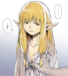 1girls blonde_hair breast_grab cleavage color elf elf_ears female_elf google_search google_translate japanese_text looking_at_partner male_human/female_elf mature_female motion_lines pointy_ears robe serie_(sousou_no_frieren) shine_nabyss simple_background smile sousou_no_frieren speech_bubble translation_request