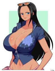 1girls big_breasts black_hair blue_eyes breasts eye_contact female female_focus female_only glasses glasses_on_head high_resolution huge_breasts long_hair looking_at_viewer nico_robin one_piece revealing_clothes simmsy solo tan_skin upper_body wide_hips