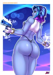 1girls 2d accessory alcohol alternate_version_available ass back_view backboob big_ass black_sclera blue-skinned_female blue_body blue_skin bonecrusherii bracelet breasts bubble_butt exposed_ass female female_only glass gun hi-rez_studios holding_weapon iced_out_saati large_ass multicolored_hair paladins pistol saati_(paladins) short_hair solo solo_female tagme thighs thong two_tone_hair voluptuous weapon yellow_eyes