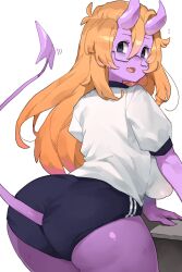 1girls ass big_ass big_butt blonde_hair breasts buruma demon demon_girl demon_tail female glasses long_hair makingtawawa original purple_skin solo sports_uniform tail thick_thighs thighs