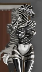 anthro big_breasts breasts clothing equid equine female hi_res iroquois legwear looking_at_viewer mammal nipples pink_eyes simple_background smile solo stockings striped_body stripes zebra zebrov