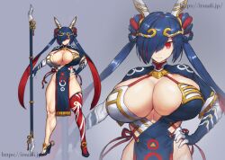 big_breasts blue_hair cleavage curvy hair_ornament hair_over_one_eye hand_on_hip huge_breasts looking_at_viewer melon22 muscular muscular_female muscular_thighs original red_eyes staff thick_thighs twintails wide_hips