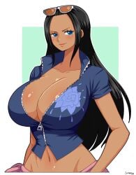 1girls alternate_version_available big_breasts black_hair blue_eyes breasts dark_skin eye_contact female female_focus female_only glasses glasses_on_head high_resolution huge_breasts long_hair looking_at_viewer nico_robin one_piece revealing_clothes simmsy solo upper_body wide_hips