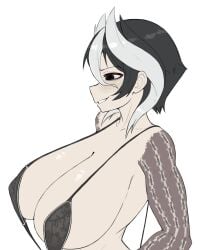 big_breasts bikini black_and_white_hair black_bikini black_eyes black_swimsuit body_markings breasts cleavage duke_wintermaul enormous_breasts female female_focus female_only huge_breasts made_in_abyss massive_breasts micro_bikini ozen pale-skinned_female pale_skin profile short_hair sling_bikini smile solo swimsuit two_tone_hair upper_body young_savage