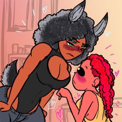 2girls afro big_breasts blush boob_window breasts bunny_ears bunny_tail cyclops dark_skin digital_media_(artwork) dreadlocks female/female green_eyes heart hi_res highres juju_(ttherandom) kojoarts lipstick multi_eye multiple_girls naughtypaw_(artist) red_skin size_difference tight_clothing ttherandom tthrandom tthrandom_rp voluptuous