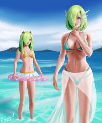 2girls beach belly_button bikini breasts female female_gardevoir female_only floater gardevoir green_hair hips humanized kirlia looking_at_viewer nintendo outdoors pokemon pokemon_(species) red_eyes swimsuit thighs water