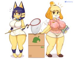 animal_crossing ankha ankha_(animal_crossing) anthro big_breasts breasts cardboard_box cleavage duo female isabelle_(animal_crossing) large_breasts mammal nintendo startop thick_thighs watermark