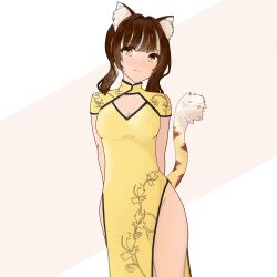 amrb animal_ears bangs blush breast_cutout brown_hair china_dress chinese_clothes chinese_new_year cleavage closed_mouth clothing_cutout dress eyebrows_visible_through_hair female highres looking_at_viewer no_panties original pelvic_curtain side_slit simple_background smile tail thighs tiger