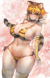 animal_ears animal_print arms_at_sides bangs bengal_tiger_(kemono_friends) bikini black_hair blush breasts brown_hair cleavage dutch_angle elbow_gloves extra_ears eyebrows_visible_through_hair female gloves grey_hair groin highres huge_breasts kemono_friends looking_at_viewer lowleg lowleg_bikini medium_hair multicolored_hair navel open_mouth orange_eyes parted_lips print_bikini print_legwear print_swimsuit shibori_kasu sidelocks skindentation solo stomach strap_gap streaked_hair swimsuit tail thighhighs tiger_ears tiger_print tiger_tail twisted_torso