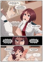 1boy 1boy1girl 1girls blonde_hair brown_hair cheating dialogue english_text genitals hand_on_penis hetero katsuki_bakugou kinjero licking_penis male/female my_hero_academia ochako_uraraka penis penis_grab penis_lick punishment servant speech_bubble spiky_hair straight text tongue tongue_out