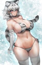 animal_ears animal_print arms_at_sides bangs bikini black_hair blue_eyes blush breasts cleavage dutch_angle elbow_gloves extra_ears eyebrows_visible_through_hair female female gloves grey_hair groin hand_on_hip highres huge_breasts kemono_friends looking_at_viewer lowleg lowleg_bikini medium_hair multicolored_hair navel oerba_yun_fang open_mouth print_bikini print_legwear print_swimsuit shibori_kasu sidelocks skin_fang skindentation solo stomach strap_gap streaked_hair swimsuit tail thighhighs tiger_ears tiger_print tiger_tail twisted_torso two-tone_hair white_tiger_(kemono_friends) white_tiger_print