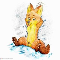 1:1 animal_genitalia anthro big_ears canid canine disney fox genitals hands_behind_head hi_res lying male mammal nick_wilde on_back paws penis sheath solo text traditional_media_(artwork) url yordraw zootopia zootropolis