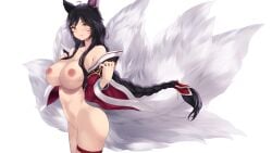 ahri black_hair blush breasts cait facial_markings female fox_ears fox_tail golden_eyes league_of_legends long_hair looking_at_viewer nude simple_background smile solo tail thigh_strap white_background