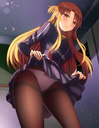 1girls blush brown_eyes brown_hair female highres panties_under_pantyhose pantyhose skirt smile solo sword_art_online thighs underwear upskirt yozu_(yozu0420) yuuki_asuna