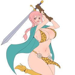 1girls armored_boots armored_gloves big_breasts braided_hair breasts cape female female_only flat_colors gold_heels huge_breasts large_breasts long_hair one_piece pink_hair rebecca_(one_piece) simmsy sketch solo sword thick_thighs thighs white_background