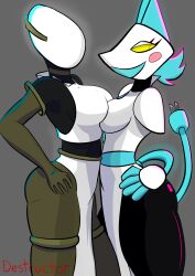 artificer_(risk_of_rain) big_breasts breast_size_difference breast_to_breast breasts breasts_frottage crossover deltarune deltarune_chapter_2 destructor1089 duo duo_female electric_plug face_to_face female/female female_only fully_clothed gray_background grey_background hand_on_hip medium_breasts risk_of_rain risk_of_rain_2 robot robot_girl side_view simple_shading standing tail tasque_manager_(deltarune) yellow_eyes