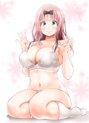 1girls absurdres adahcm adjusting_clothes bangs bare_arms bare_shoulders blue_eyes blush bow bra breasts cleavage closed_mouth female_focus fujiwara_chika full_body hairbow highres kaguya-sama_wa_kokurasetai_~tensai-tachi_no_renai_zunousen~ large_breasts legs long_hair navel panties pink_background pink_hair seiza sitting smile socks solo underwear white_bra white_legwear white_panties