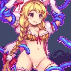 1girls anal animal_ears animal_hood animated arms_up bangs bikini bikini_top_only blonde_hair blush braid breasts bunny_hood carrot_hair_ornament censored cleavage clothing cum cum_in_ass cum_in_pussy cum_inside double_penetration female flower_knight_girl food-themed_hair_ornament hair_ornament hood large_breasts leg_garter long_hair lowres navel nipples open_mouth penetration pixel_art pussy questionable_consent rabbit_ears rape red_eyes restrained sb_(coco1) spread_legs susuki_(flower_knight_girl) swimsuit tentacle tentacle_sex twin_braids vaginal_penetration wide_hips