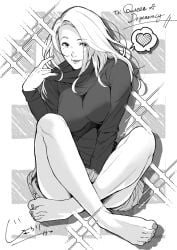 blonde_hair blue_eyes breasts feet jorori monochrome skirt sweater sydsnap toes turtleneck turtleneck_sweater youtube youtuber