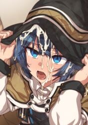 1girls blue_eyes blue_hair blush clothed_female clothing color cum cum_in_clothes cum_in_hat cum_in_headwear cum_on_face cum_on_hair cum_wearing erere female_only hair_between_eyes hat holding holding_clothing looking_up mushoku_tensei open_mouth roxy_migurdia simple_background solo solo_female sticky_cum witch_hat wizard_hat