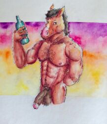 abs absurd_res balls bojack_horseman bottle brown_body equid equine flaccid genitals hi_res horse humanoid male mammal muscle_arms muscular netflix nude painting_(artwork) pecs penis pubes rinrin28 simple_background solo traditional_media_(artwork) watercolor_(artwork)