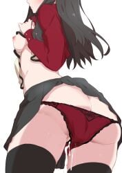 ass ass_cleavage black_hair black_legwear black_skirt blush breasts butt_crack clothes_lift cum cum_in_pussy cumdrip duplicate fate/stay_night fate_(series) female from_behind from_below head_out_of_frame highres lace-trimmed_panties lace_trim long_hair medium_breasts morisobo nipples panties red_panties red_sweater self_exposure skindentation skirt skirt_lift sweater thighhighs thighs tohsaka_rin underwear white_background