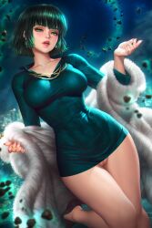 barely_visible_pussy big_ass big_hips bottomless bottomless_female edit exposed_pussy fubuki_(one-punch_man) fur_coat green_hair large_breasts neoartcore no_panties no_pants no_underwear nudtawut_thongmai one-punch_man one_piece_dress paipan pleasure_face pussy pussy_peek shirt_only standing thick_thighs tight_clothing uncensored upscaled