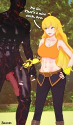 1girls 2022 3d abs arrancon belt blonde_hair clothed_female_nude_male dark-skinned_male grimm_(rwby) huge_breasts huge_cock nice_cock_bro nude_male_clothed_female rwby tomboy yang_xiao_long