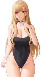 1girls 2022 artist_signature black_clothing blonde_hair blush breasts cleavage competition_swimsuit female female_only gyaru hi_res hips huge_breasts kitagawa_marin long_hair looking_at_viewer one-piece_swimsuit red_eyes simple_background slim_waist smile sono_bisque_doll_wa_koi_wo_suru thick_thighs thighs white_background wide_hips zaphn