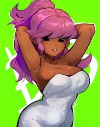 1girls armpits arms_up b3_gf_(blazethewolf55) bare_shoulders benzbt big_breasts black_eyes cleavage curvy dark_skin female fnf_mods friday_night_funkin friday_night_funkin_(b3_mod) friday_night_funkin_mod fully_clothed girlfriend_(friday_night_funkin) green_background lipstick long_hair ponytail pose purple_hair shaya_dearest simple_background smile strapless_dress thick_thighs tight_clothing