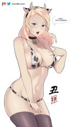 blonde_hair blue_eyes bra breasts cow_ears cow_horns cow_outfit cowbell damodar dialogue insult insulting_viewer panties sydsnap thick_thighs thighhighs thong youtube youtuber