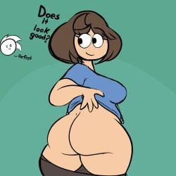 1girls artist_request ass big_ass brown_hair claire_&_james clarissa_macias female female_only green_background huge_ass james_bear mooning pants_down presenting presenting_hindquarters solo thick_thighs youtube youtuber youtuber_girl