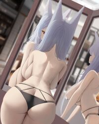 absurdres animal_ear_fluff animal_ears ass ass_cleavage backboob bbolalus black_panties breasts butt_crack convenient_censoring dutch_angle female fox_ears hair_censor hair_over_breasts highres large_breasts leaning_forward looking_at_mirror mirror original panties red_eyes reflection silver_hair skindentation solo topless underwear underwear_only