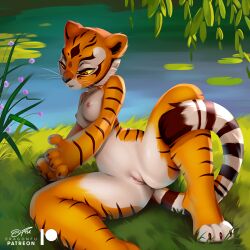 2022 anthro breasts detailed_background dragonfu dreamworks felid feline felis female female_focus female_only fur furry furry_only genitals hi_res kung_fu_panda lily_pad mammal master_tigress naked nipples nude pantherine plant pussy solo solo_female solo_focus stripes tail tiger whiskers