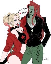 2d 2girls biantaishi1 bleached_skin blonde_hair blue_eyes booty_shorts breasts bustier canon_couple choker dc dc_comics duo_focus female female_only green-skinned_female green_eyes green_skin harley_quinn harley_quinn_(series) jacket kiss_mark multicolored_hair pamela_isley pierced_tongue piercings poison_ivy red_hair tongue_out twintails white_skin