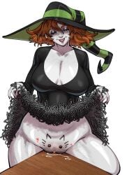 2d body_writing cleavage clitoris do_you_want_to_pet_my_cat_(meme) dress dress_lift female female_focus female_only going_commando gorgoden_wiener long_hair makeup marker no_panties pale-skinned_female pale_skin pubic_stubble pussy pussy_juice pussy_juice_puddle red_hair scary_godmother scary_godmother_(series) tagme vagina witch witch_hat