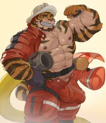 abs anthro armor biceps body_hair bulge chest_hair clawed_fingers claws clothed clothing countershade_torso countershading digital_media_(artwork) felid feline felix_(imato) firefighter flexing fur garter_straps genital_outline hard_hat headgear helmet hi_res imato looking_at_viewer male mammal muscular muscular_male nipples pantherine pawpads penis_outline pose simple_background smile solo stripes teeth tiger uniform veiny_muscles