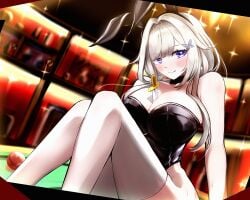 1girls between_breasts big_breasts blonde_hair blue_eyes breasts bunny_ears bunnysuit caffeinepudding casino cleavage dagger female female_only hips large_breasts legs long_hair massive_breasts mole mole_on_breast phase_connect phase_saga sitting thick_thighs thighhighs thighs virtual_youtuber vtuber wilhelmina_frost