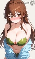 1girls 2026 aegis_elysium ai_art ai_generated arms_crossed big_breasts bikini bikini_top blue_shirt blue_wristband blush blushing_at_viewer blushing_female breasts brown_eyes brown_hair bucket_hat cap cleavage coat coat_on_shoulders female female_focus game_freak grey_background hair_ornament halterneck hat headpiece hi_res high_quality high_res high_resolution highres huge_breasts illustration large_breasts leaf leaf_(pokemon) leaf_bikini leaf_print lips long_hair looking_at_viewer midriff navel nervous nintendo pokemon ribbon seductive_look shy simple_background smiling_at_viewer solo solo_focus standing thick_breasts thick_thighs thighs tiara very_long_hair wall wall_(structure) watermark white_background white_cap white_hat white_headwear wristband
