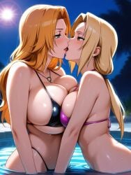 2girls ai_generated alternate_costume aqua_eyes arm_at_side asymmetrical_docking bangs bare_arms bare_shoulders big_breasts bikini black_bikini black_swimsuit bleach blonde_female blonde_hair blush breast_press breasts brown_eyes cleavage collarbone couple crossover duo eye_contact facial_mark female/female female_only forehead_mark french_kiss godzillaninja2019 half-closed_eyes highleg highleg_bikini highleg_swimsuit huge_breasts jewelry kissing leaning leaning_forward long_hair looking_at_another love matsumoto_rangiku midriff multiple_females multiple_girls mutual_yuri naruto naruto_(classic) naruto_(series) neck necklace night night_sky open_mouth orange_hair outdoors parted_bangs partially_submerged pool purple_bikini purple_swimsuit romantic romantic_couple sideboob sky standing straight_hair swimsuit tied_hair tongue tsunade water wet wet_body yuri