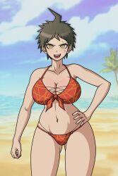1girls ahoge beach big_breasts bikini bikini_bottom bikini_top breasts brown_hair busty cheeeeeeeeeeeeen danganronpa danganronpa_2:_goodbye_despair female female_only hinata_hajime hip_grab hips hips_wider_than_shoulders huge_breasts massive_breasts nervous nervous_expression nervous_face nervous_smile nervous_sweat rule_63 solo solo_focus sprite sprite_art sprite_edit voluptuous voluptuous_body voluptuous_female wide_hips