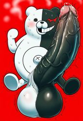 1boy ai_generated ballsack bear big_penis blush comically_large_penis danganronpa danganronpa:_trigger_happy_havoc danganronpa_2:_goodbye_despair danganronpa_v3:_killing_harmony giant_penis humor monokuma monotone_body novelai precum robot simple_background sweat tremble_lines veiny_penis wrinkled_balls