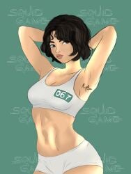 1girls abs armpits arms_up artist_name black_hair bra breasts brown_hair female_only half_nude kang_sae-byeok korean_female light-skinned_female looking_at_another netflix short_hair shorts solo sports_bra squid_game stomach underwear wide_hips