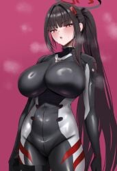 big_breasts bodysuit brown_hair female fog foggy fully_clothed latex long_hair onedoo pink_background soft source_request