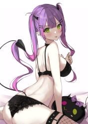 2023 absurdres alternate_costume back bibi_(tokoyami_towa) black_bra black_panties blush bra breasts commentary demon_tail ear_piercing english_commentary feet_out_of_frame female fishnet_thighhighs fishnets from_side green_eyes green_nails hair_ornament hairclip highres hololive lace lace-trimmed_bra lace_panties lace_trim lingerie long_hair looking_at_viewer looking_back medium_breasts multicolored_hair nail_polish panties piercing pink_hair pointy_ears purple_hair simple_background sitting smile solo spread_legs streaked_hair tail tail_ornament tail_piercing thighhighs tokoyami_towa tongue tongue_out twintails two-tone_hair udonpan underwear underwear_only virtual_youtuber white_background